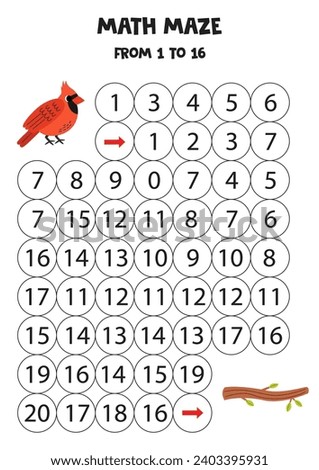 Math maze with cute cartoon red cardinal bird and tree branch. Count to 16. Printable game for kids.