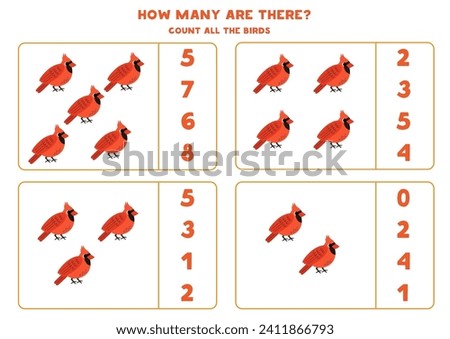 Counting game with cartoon red cardinal birds. Educational worksheet.