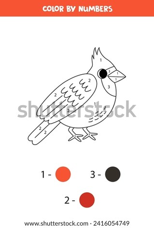  Coloring page with cute cartoon red cardinal bird. Color by numbers. Math game for kids.
