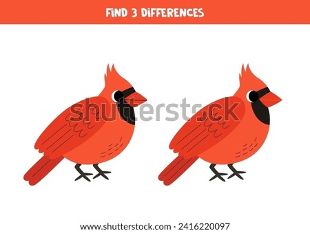 Find three differences between two pictures of cute cartoon red cardinal bird.