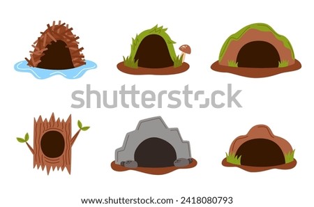 Set of woodland animal burrows on white background.