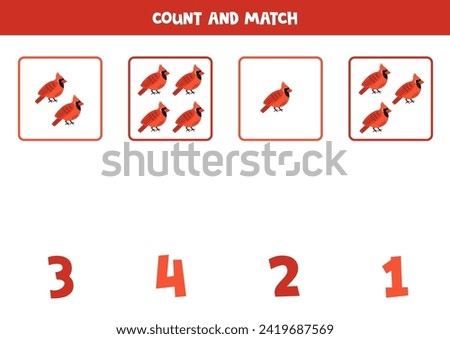 Counting game for kids. Count all red cardinal birds and match with numbers. Worksheet for children.