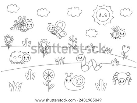 Vector illustration of black and white cute insects in nature. Coloring page.