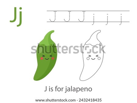 Tracing alphabet letters with cute fruits and vegetables. Color cute cartoon jalapeno. Trace letter J.