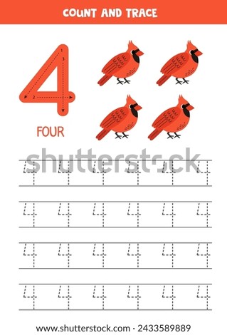 Numbers tracing practice. Writing number four. Cute cartoon red cardinals.