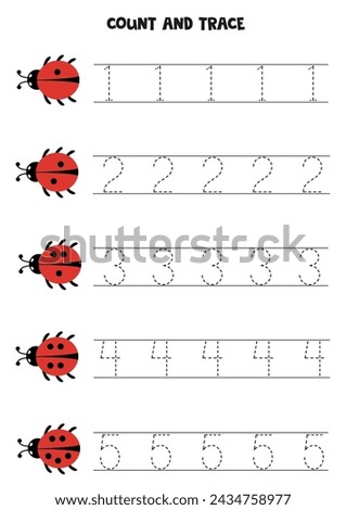 Count cute ladybugs and trace numbers. Educational worksheet for kids.