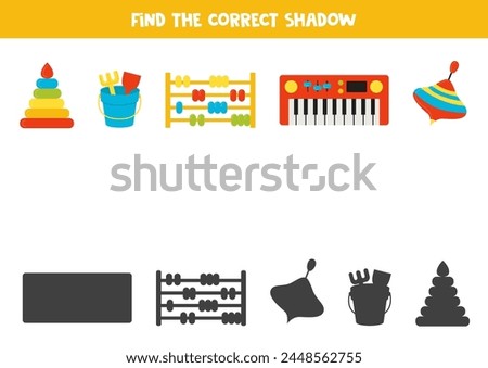 Find shadows of cute cartoon toys. Educational logical game for kids. Printable worksheet for preschoolers.