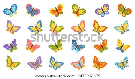  Big set of flying colorful butterflies. Collection of butterflies for design.