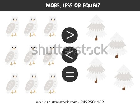 More, less, equal with cartoon white owls and snowy fir trees. Math game for kids.