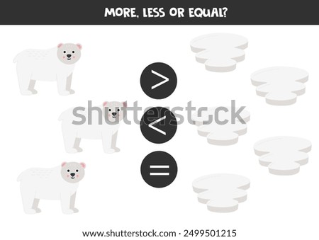 More, less, equal with cartoon white bears and ice bergs. Math game for kids.