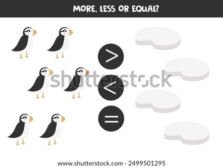 More, less, equal with cartoon puffin bird and ice bergs. Math game for kids.