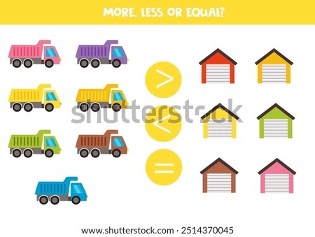 More, less, equal with cartoon colourful trucks and garages. Math game for kids.