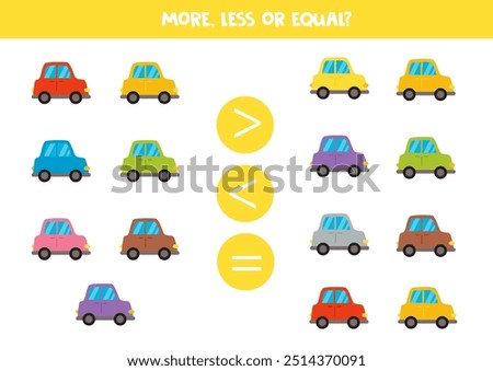 More, less, equal with cartoon colourful cars. Colorful worksheet.