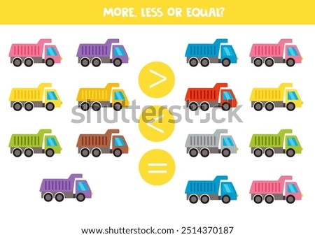 More, less, equal with cartoon colourful trucks. Math game for kids.