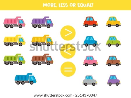 More, less, equal with cartoon colourful trucks and cars. Math game for kids.