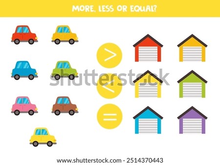 More, less, equal with cartoon cars and garages. Math game for kids.