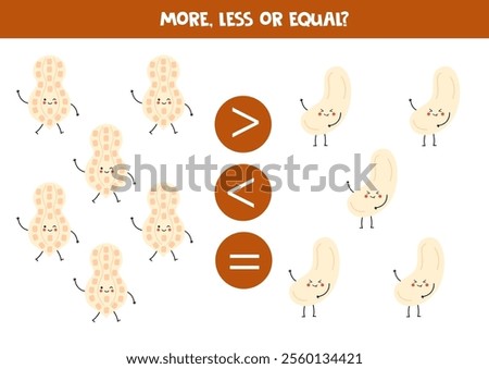 More, less, equal with cute cartoon nuts. Peanuts and cashews. Math game for kids.