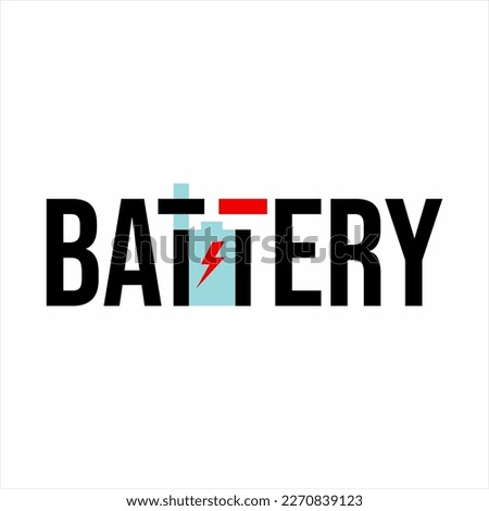Battery text logo design with plus and minus symbol on T letter.