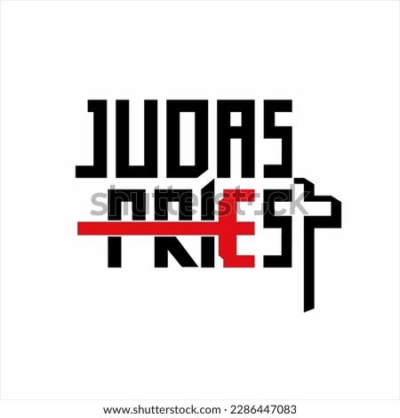 Judas Priest word logo design with cross on T and spear symbol on E.