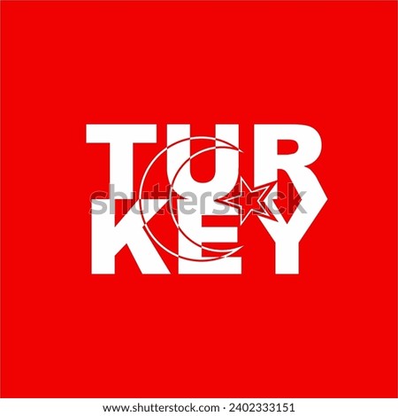 Turkey text lettering design with flag illustration on the text. The word Turkey with flag design. Turkish flag.
