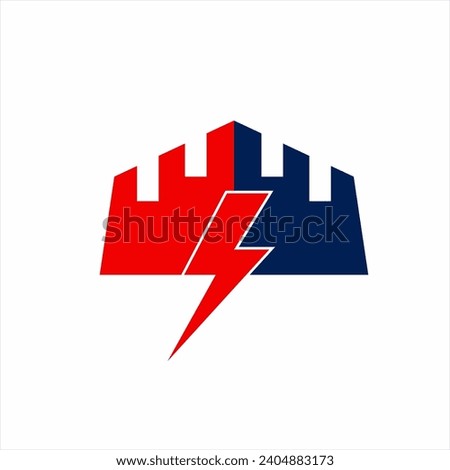 Castle logo design with lightning symbol.