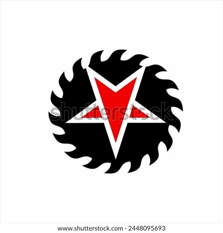 Saw blade logo design with pentagram and downward arrow.