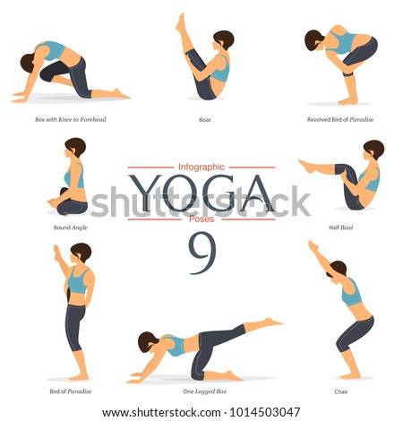 Set of 8 yoga poses in flat design . Woman figures exercise in sportswear for yoga infographics. Vector Illustration.