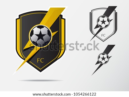 Soccer or Football Badge Logo Design for football team. Minimal design of golden thunder and black and white soccer ball. Football club logo in lightning black and white icon. Vector Illustration.