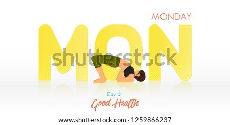 Yoga pose for Monday banner. Yoga routine header for calendar template. Woman figures exercise in black shirt and green yoga pants  in Month of Good Health concept. Vector Illustration.