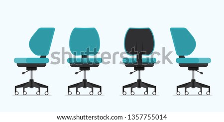Office chair or desk chair in various points of view. Armchair or stool in front, back, side angles. Blue furniture for Interior in flat design. Vector illustration.