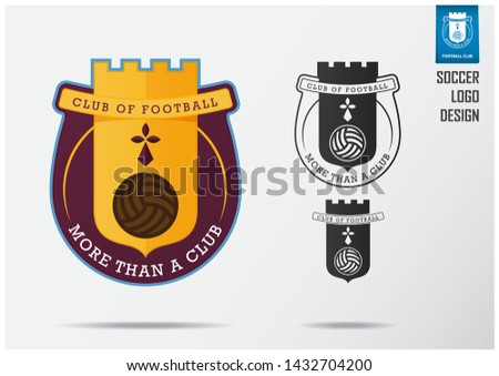 Soccer logo or Football Badge template design for football team. Sport emblem design of gold Fortress on Claret shield. Football club logo in black and white icon. Vector Illustration.