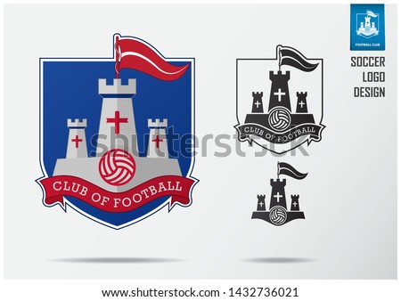 Soccer logo or Football Badge template design for football team. Sport emblem design of white fortress and red flag on blue shield. Football club logo in black and white icon. Vector Illustration.