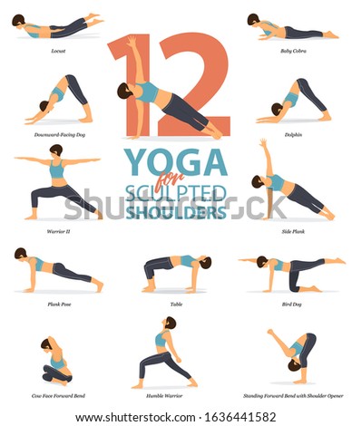 Infographic of 12 Yoga poses for sculpted shoulders in flat design. Beauty woman is doing exercise for body stretching. Set of yoga sequence Infographic.  Cartoon Vector art and Illustration.