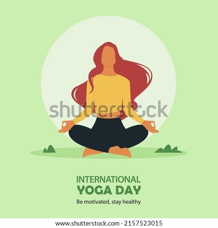 21 June Happy international yoga day banner or poster with woman in meditation yoga post on greensward. Vector illustration