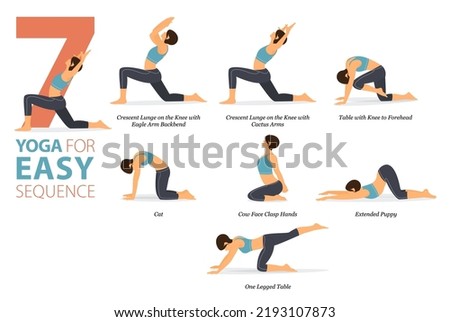 Infographic  7 Yoga poses for workout at home in concept of easy sequence in flat design. Women exercising for body stretching. Yoga posture or asana for fitness infographic. Flat Cartoon Vector.