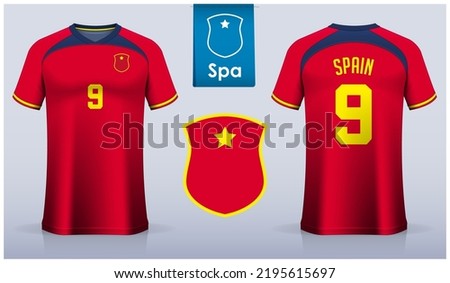 Set of soccer jersey or football kit template design for Spain national football team. Front and back view soccer uniform. Red Football t shirt mock up with flat logo. Vector Illustration