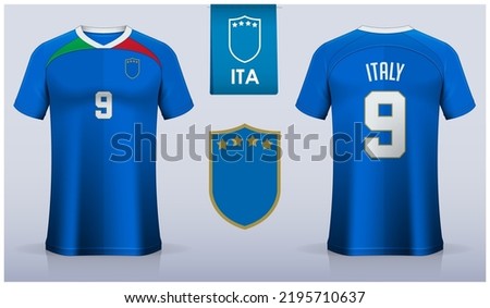 Set of soccer jersey or football kit template design for Italy national football team. Front and back view soccer uniform. Blue Football t shirt mock up with flat logo. Vector Illustration