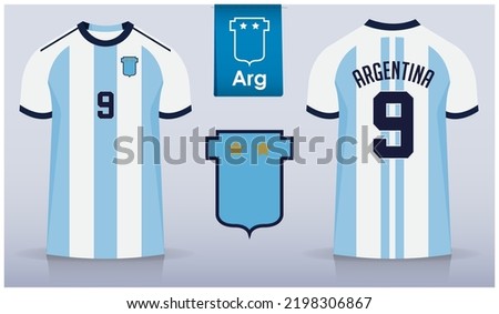 Set of soccer jersey or football kit template design for Argentina national football team. Front and back view soccer uniform. Blue Football t shirt mock up with flat logo. Vector Illustration
