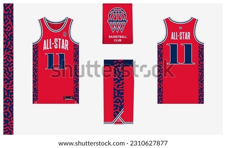 Basketball uniform mockup template design for sport club. Red basketball jersey, basketball shorts in front, back view and side view. Basketball logo design. Vector Illustration