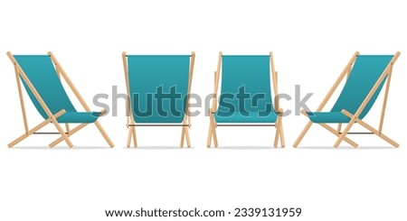 Beach chair or lounge chair in various points of view for summer. Armchair or sling chair in front, back, side angles. Furniture for outdoor in flat icon design. Vector illustration.