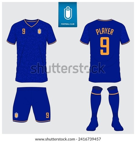 Set of soccer jersey or football kit mockup design for football club. Football shirt, short, sock template. Soccer uniform in front view, back view. Football logo in flat design. Vector Illustration. 