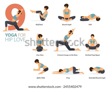 Infographic 9 Yoga poses for workout in concept of hip love in flat design. Women exercising for body stretching. Yoga posture or asana for fitness infographic. Flat Cartoon Vector Illustration.