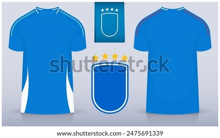 Set of soccer jersey or football kit template design for Italy national football team. Front and back view soccer uniform. Blue Football t shirt mock up with flat logo. Vector Illustration