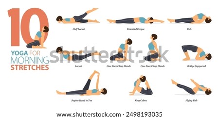 Infographic 10 Yoga poses for workout in concept of morning stretches in flat design. Women exercising for body stretching. Yoga posture or asana for fitness infographic. Flat Vector Illustration.