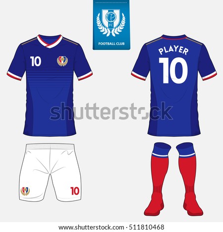 Set of soccer kit or football jersey template for football club. Flat football logo on blue label. Front and back view soccer uniform. Football apparel mock up. Vector Illustration