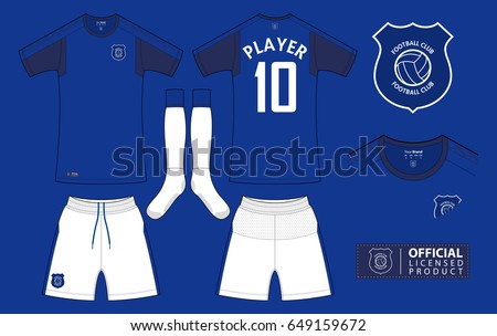Set of soccer kit or football jersey template for football club. Short sleeve football shirt mock up. Front and back view soccer uniform and flat football logo design. Vector Illustration.