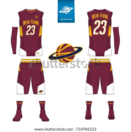  Basketball uniform, shorts, socks template for basketball club. Front and back view sport jersey. Tank top t-shirt mock up with basketball flat logo design on label. Vector Illustration.