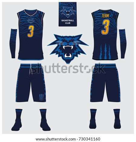 Basketball jersey, shorts, socks template for basketball club. Front and back view sport uniform. Tank top t-shirt mock up with basketball flat logo design on label. Vector Illustration.