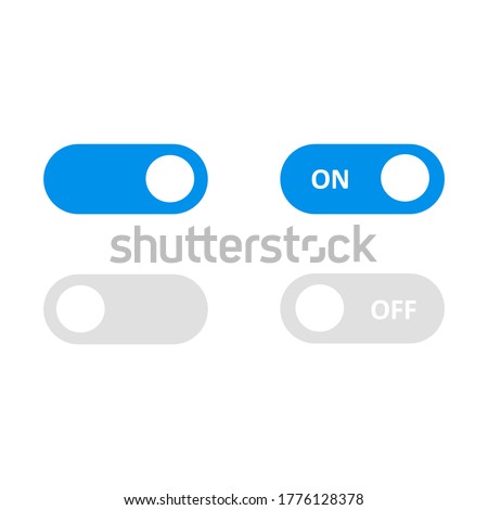 On/Off slider. Vector flat illustrations. Button. Toggle button, blue on, grey off in flat design. Mobile app template, web design.