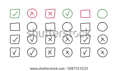 Set of hand drawn check mark and cross in square and circle. Vector illustration. Yes, no - check mark and cross to vote or answer in the test. Signs in doodle style on white background.